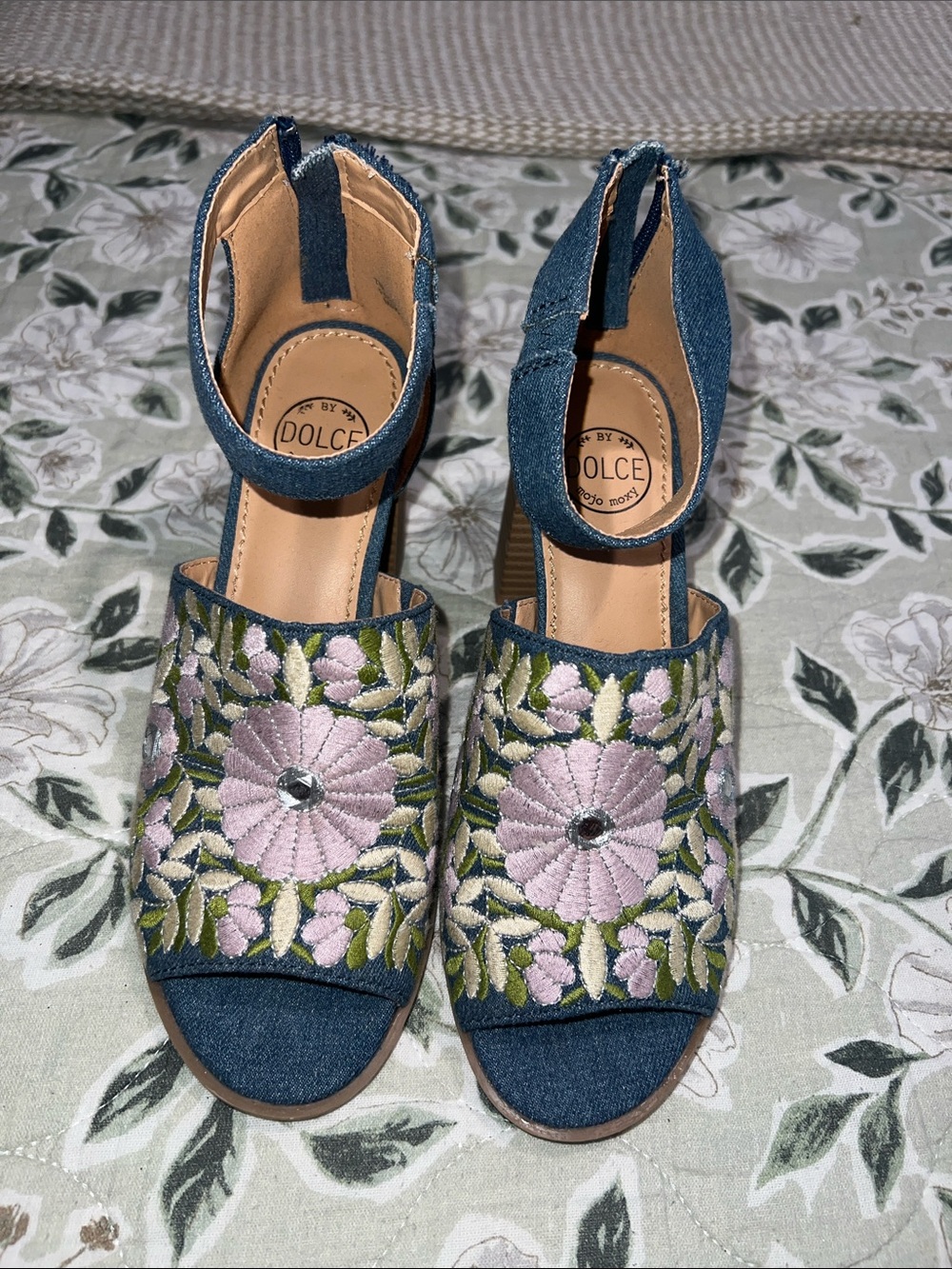 Dolce Vita Denim Embroidered Floral Ankle Strap Heels - Pink/Green